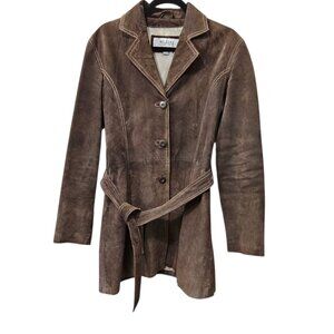 Wilsons Maxima Suede Leather Jacket Vintage Belted Trench Short Brown Coat